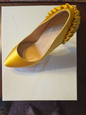 Charlotte Olympia Yellow Satin Ruffle-Back Pointed Pump